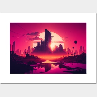 Retrowave Aesthethic Synthwave Sun City Posters and Art